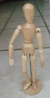 Zeichenpuppe Modellpuppe Modellfigur auf Standfuß, bewegl. Glieder, Holz, 32 cm - Bild 1 von 3