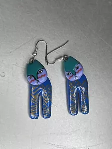 Vintage Hand-Painted Wooden Blue Dangle Cat Whimsical Earrings Art To Wear #A - Picture 1 of 3
