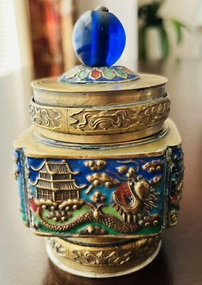 ++ Antique Qing Dynasty Chinese Tea Caddy ENAMEL BRASS Palace Dragons 4” - Image 1 of 4
