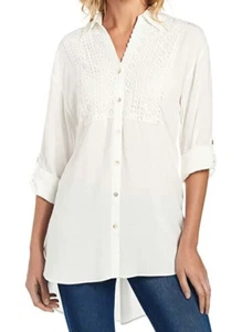 Cupio Lace Bib Collared Button Down Hi-Lo Hem Blouse Size L Ivory $69 NWT - Picture 1 of 5