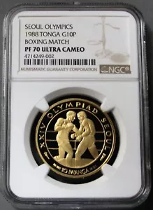 1988 GOLD TONGA 10 PAANGA 1/2oz OLYMPIC BOXING PROOF COIN NGC PF 70 ULTRA CAMEO - Picture 1 of 2