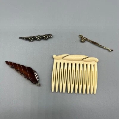 Lot 4 Vintage French Hair Comb, Barrett, Hair Pins w Rhinestones Made in France - Image 1 of 4