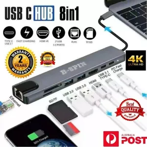 8 in 1 USB-C HUB Type-C USB Multi 3.0 4K HDMI RJ45 Ethernet Micro SD TF OTG - Picture 1 of 11