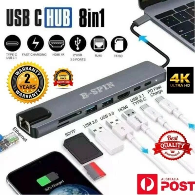 8 in 1 USB-C HUB Type-C USB Multi 3.0 4K HDMI RJ45 Ethernet Micro SD TF OTG - Image 1 of 4