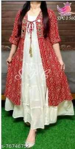 PLUS/BIG/LARGE/EXTRA SIZE RED MARRON SHRUG WITH WHITE ANARKALI KURTA - Picture 1 of 4