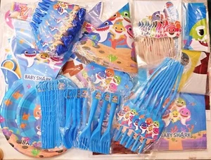 Party Supplies shark baby. table cover, plates, napkins, banner, cake topper + - Picture 1 of 12
