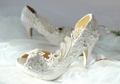 Unique WHITE IVORY Open Toe Wedding shoes Satin Bridal high heels evening 3"heel - Image 1 of 4