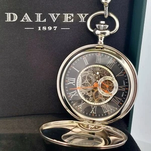 DALVEY Mechanical Stainless Steel Half Hunter 51mm Pocket Watch w/ Chain in Box - Picture 1 of 13