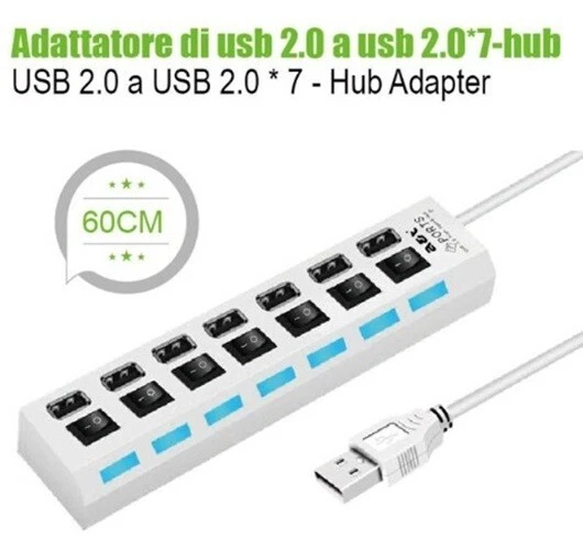 HUB USB 2.0 INTERFACCIA 7 PORTE DI ESPANSIONE MULTIPLA ESTERNO INTERRUTTORE - Immagine 1 di 1