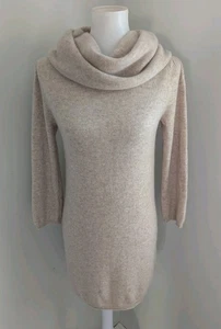 Cynthia Rowley 100% Cashmere Sweater Tunic Cowl Neck Long 3/4 Slv S Beige Repair - Picture 1 of 12