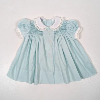 Vestido Vintage Polly Flinders Bebê Meninas Tamanho 3-6m Azul Bordado - Imagem 1 de 4