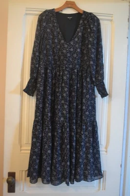 VESTIDO MAXI AZUL MARINO FLORAL MANGA LARGA ESCALONADO DE MADEWELL ~ M Foto 1 de 4