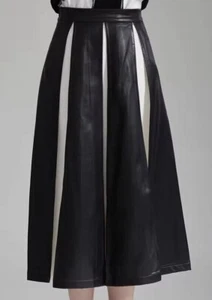 Neu Damen A-Linie langer Rock PU Leder Patchwork Plissee luxuriöser Stil - Bild 1 von 7