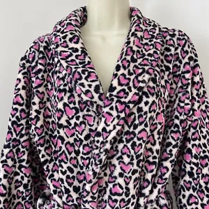 Victoria Secret Short Robe Soft Cozy Plush Pink Black Leopard Print Hearts XS S - Picture 1 of 6