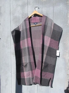 Ladies Chaps Purple Gray Plaid Open Vest Cardigan Duster. Size 2xl xxl nwt $90 - Picture 1 of 5