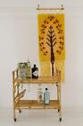 Vintage rya rug wall hanging in yellow, Tree of Life tapestry with long fringe
