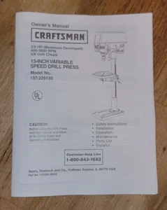 SEARS CRAFTSMAN 13 ZOLL VARIABLE BOHRMASCHINE PRESSE BETRIEBSANLEITUNG 137.229130 229130 - Bild 1 von 1