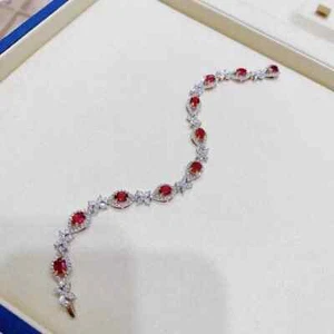 Women's Pretty Tennis Bracelet 7.39 Ct Oval Simulated Ruby 14k White Gold Plated - Picture 1 of 9