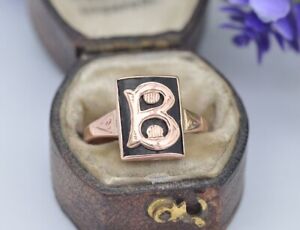 Antique 9ct Gold Onyx Monogram Ring Letter B - Rose Gold Signet | UK Size N 1/2