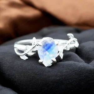 925 Sterling Silver 7x5 mm Pear Shape Natural Rainbow Moonstone Ring Solitaire - Picture 1 of 7