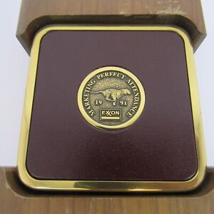 EXXON Coasters MARKETING PERFECT ATTENDANCE Collectible Set of 3 Solid Brass