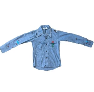 Vintage Kids Sears Perma- Prest 60s/70s Hand Embroidered Floral Shirt Size 10 - Picture 1 of 16