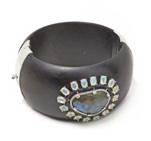 Raritäten Sterling Silber echter Labradorit, weißer Opal & Saphir, Holz Armreif - Bild 1 von 4