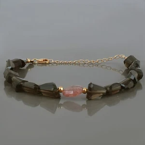 Natural Smoky Quartz & Strawberry Quartz 925 Silver Chain Handmade Bracelet Gift - Picture 1 of 5