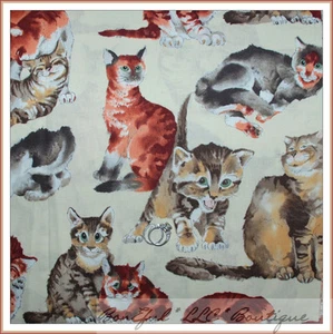 BonEful Fabric FQ Cotton Quilt VTG Cream Brown CAT KITTY Tan White Gray Catnip - Picture 1 of 10