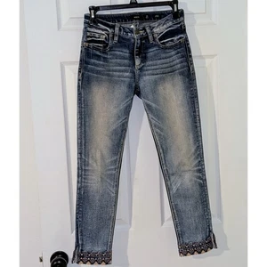 Miss Me Ankle Skinny Jeans Embroidered Hem Distressed Denim Size 25 - Picture 1 of 9