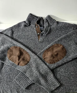 Chaps Sweater Mens Medium Gray Knit Henley 1/4 Button Brown Elbow Patches - Picture 1 of 6