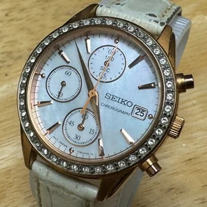 Seiko Quartz Watch 7T92-0MZ0 Women Rose Gold Chronograph Date Analog New Battery - Picture 1 of 6