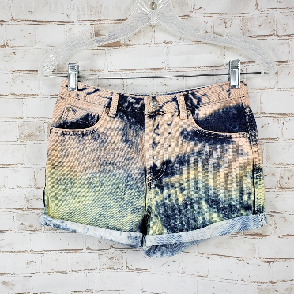Topshop Moto Size 25 Ombre Dip Tie Dye Denim Jean Shorts High Waisted Button Fly - Image 1 of 4