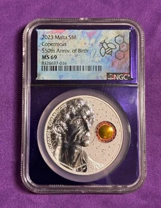 2023 Malta MS 69 SILVER Copernicus 550th Anni. of Birth 5 Euro NGC Colorized Sun - Picture 1 of 2