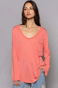 Camiseta POL Bolsillo en el Pecho Tejido Slub Manga Larga Cuello Redondo en Rosa Fresa - Imagen 1 de 4