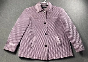 Cappotto giacca donna DANA BUCHMAN Petite lilla viola trapuntato seta designer taglia 12P - Foto 1 di 5
