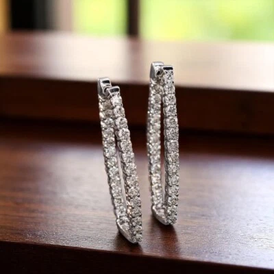 Diamond Women Earring 14k White Gold Hoop Lab Grown 2.00 Carat Round Cut 33 MM - Image 1 of 4