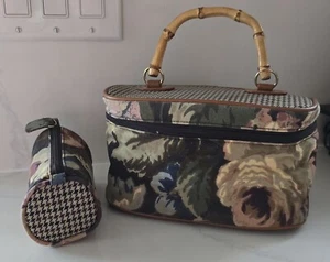 Vtg Avon Autumn Rose Floral Houndstooth Canvas Bamboo Makeup Bag Accessory Set - Picture 1 of 11