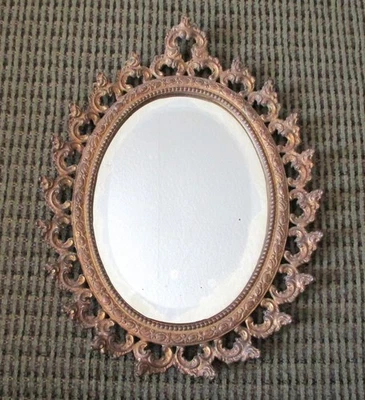 Antique 12"x9" IRON Ornate OVAL MIRROR Victorian Beveled Gold - Image 1 of 3