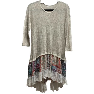 Boho Patchwork Lace Hem Tunic Dress Lagenlook Cottagecore Artsy Layered L - Picture 1 of 7