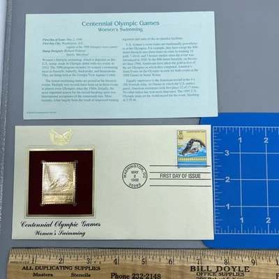 CENTENNIAL OLYMPIC GAMES 22k Gold Stamp First Day Issue 32 Cent WOMEN'S SWIMMING - Image 1 of 4