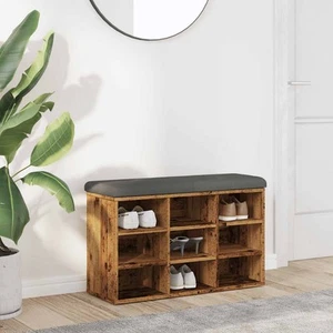 Old Wood Shoe Bench 82x32x50 cm, Engineered Wood with Dark Grey Cushion - Picture 1 of 5