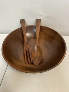Vintage MNM Vermillion Walnut Salad Serving Bowl Serving Spoon & Fork wooden - Picture 1 of 10