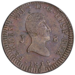 SPAIN: 1814-J 8 Maravedis PCGS MS62BN — SOLE PCGS BU, ONE OF SCANT SEVEN KNOWN - Picture 1 of 3