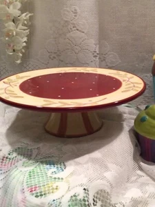 Ceramic Pedestal Cake Stand Burgundy and Yellow Hand Painted by Deb Hrabik - Picture 1 of 16