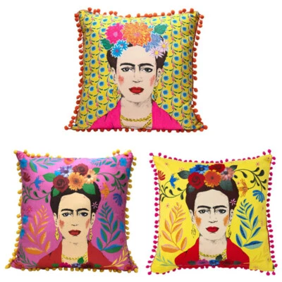 Frida Kahlo Kissen Talking Tables 40x40cm Boho Bunt Troddel Pink Gelb Füllung - Bild 1 von 4