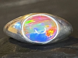 Handmade Australia rainbow intarsia 6x8mm opal adjustable sterling silver ring - Picture 1 of 5
