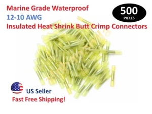 500x MARINE GRADE 12-10 YELLOW HEAT SHRINK BUTT CRIMP WIRE CONNECTORS TERMINALS - Picture 1 of 6