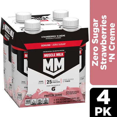 Batido de proteínas genuinas Muscle Milk Fresas y crema, cartón de 11 fl oz, paquete de 4 Foto 1 de 4