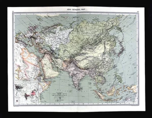 1907 Antique Map Asia China Japan India Arabia Tibet Nepal Thailand Tokyo Mecca - Picture 1 of 6